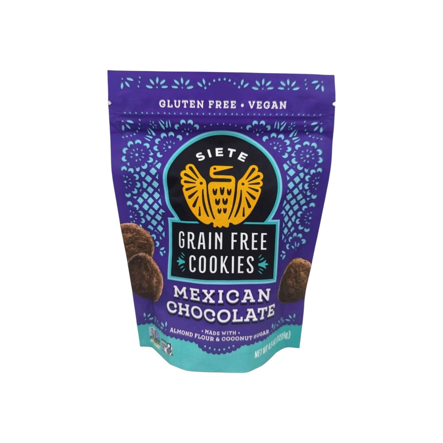 Bag of Siete grain-free Mexican chocolate cookies labeled gluten free and vegan