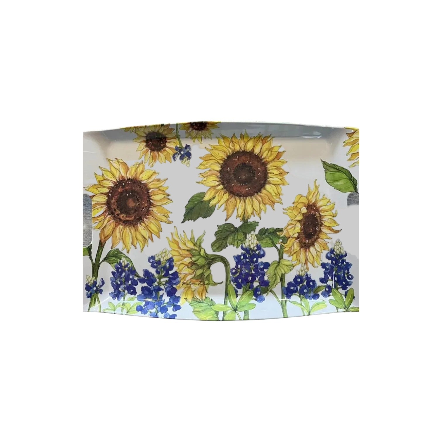 Sunflower and Texas bluebonnets floral serving tray displayed as a Texas-themed entertaining gift from a Texas gift shop storefront