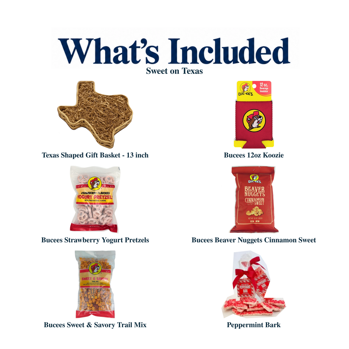 What's included in Sweet on Texas from The Texas Gift Company: each included item individually labeled.