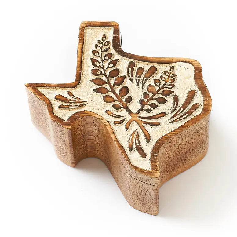 Texas Bluebonnet hand-carved keepsake box displayed as a Texas-themed home gift from a Texas gift shop storefront