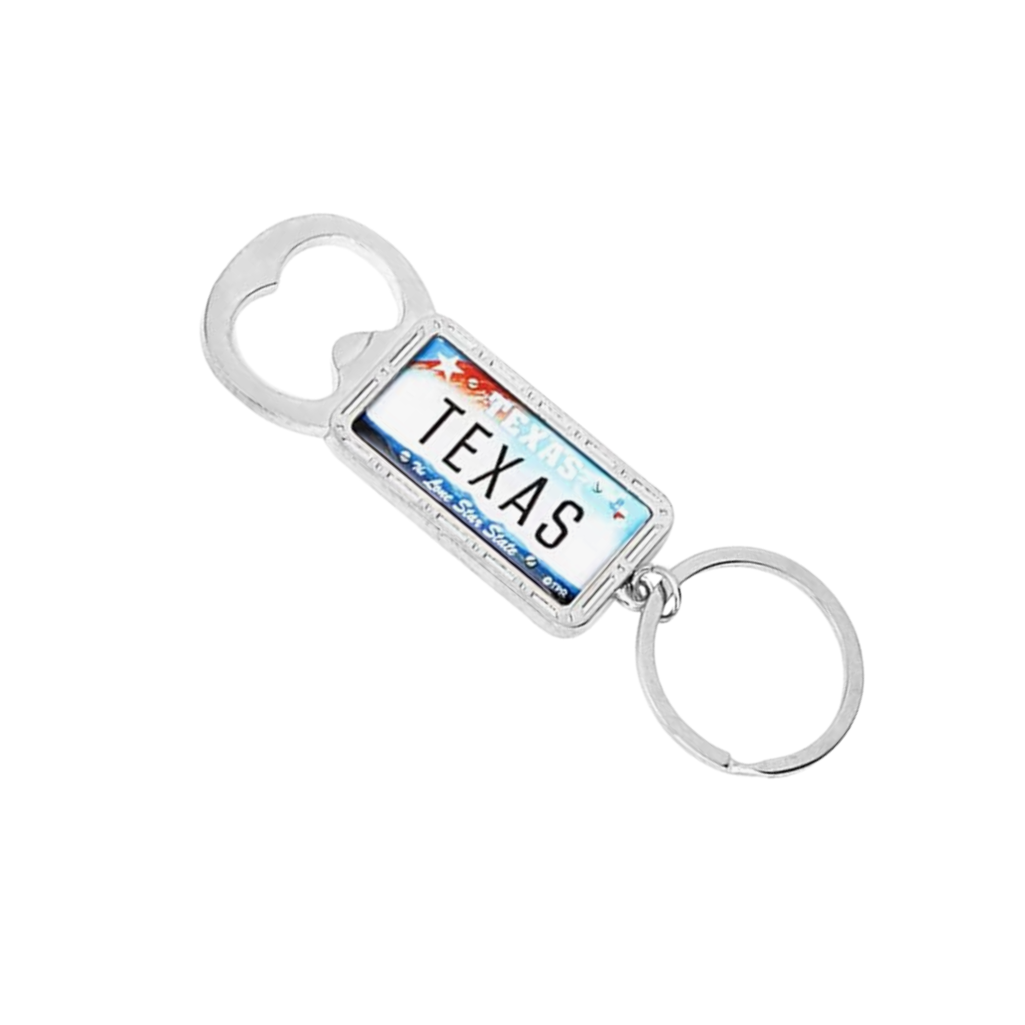 exas bottle opener with Texas license plate keychain displayed as a Texas-themed accessory gift from The Texas Gift Company storefront