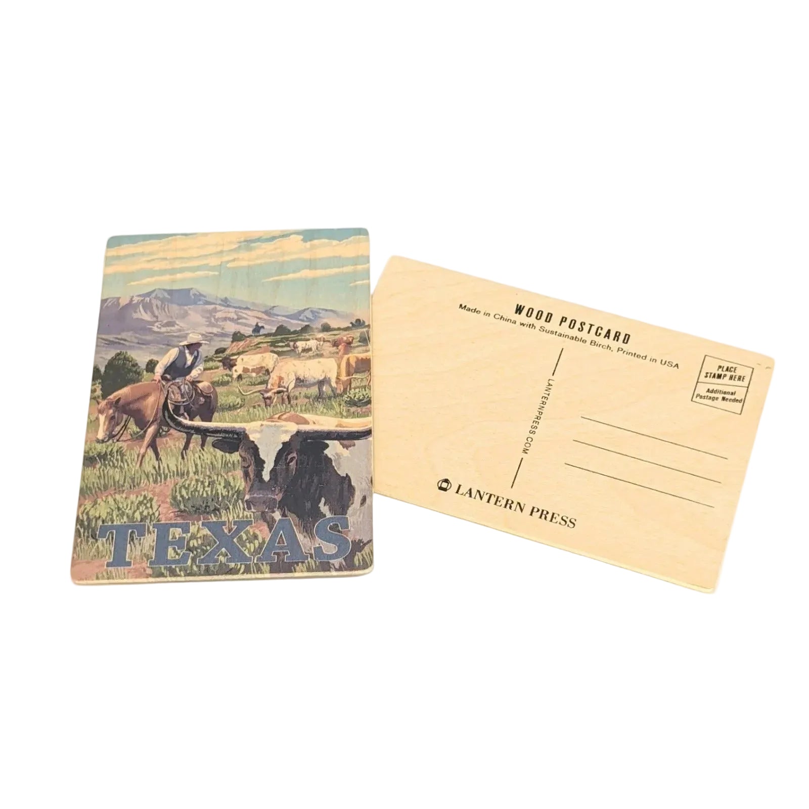 Front and back view of a Texas-themed wooden postcard featuring a vintage-style ranch scene with cattle, a cowboy on horseback, mountains in the background, and the word “Texas” on the front, alongside a natural birch wood postcard back with address lines and Lantern Press branding on a white background.