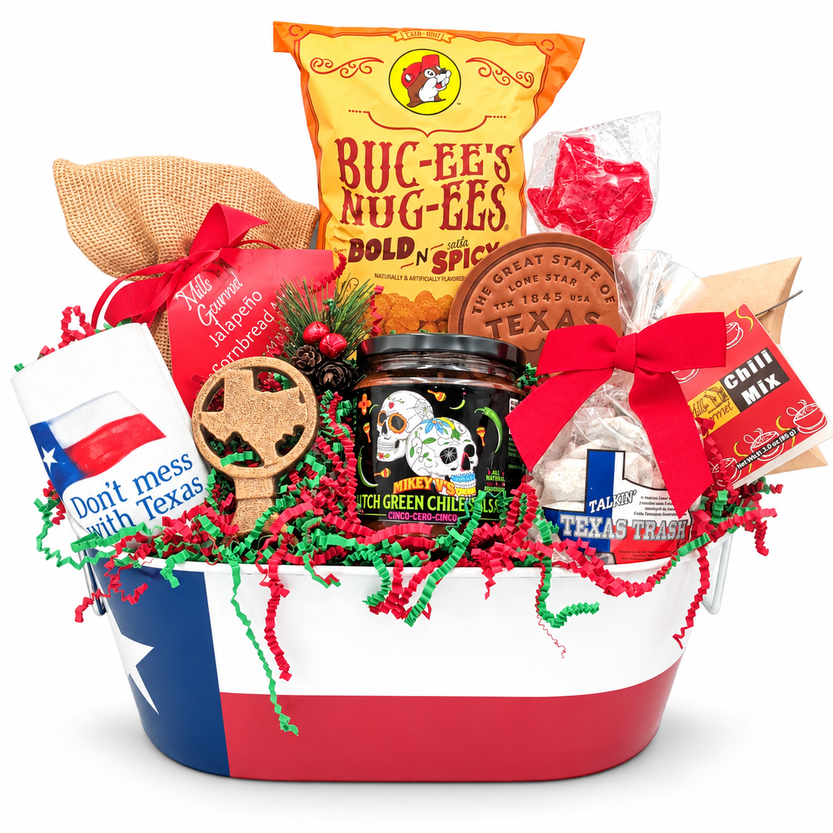 Texas Christmas Comforts in a Texas flag metal tin, straight-facing view on a white background
