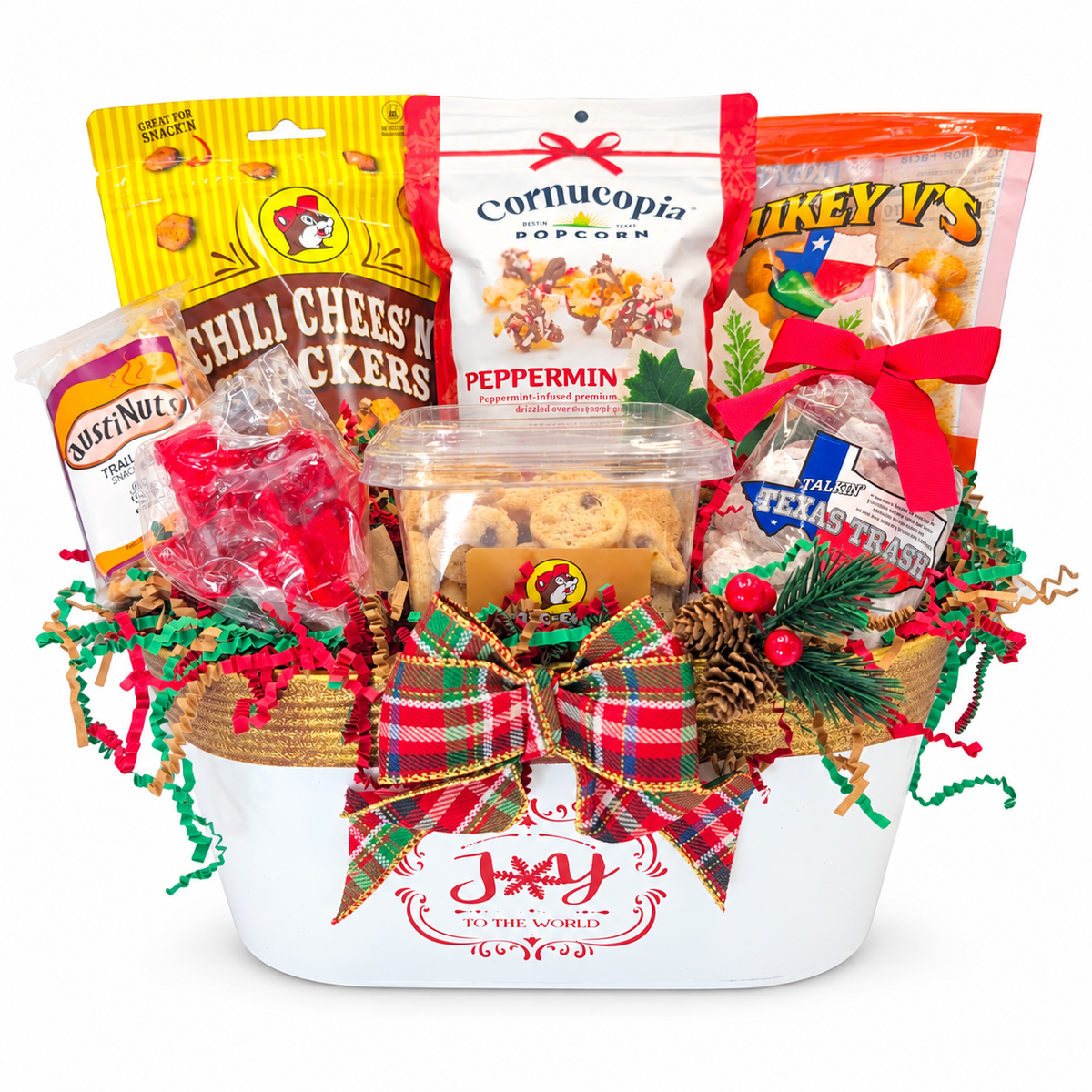 Texas Christmas Joy gift with seven snacks in a Joy to the World metal container, plaid bow and Christmas greenery on white