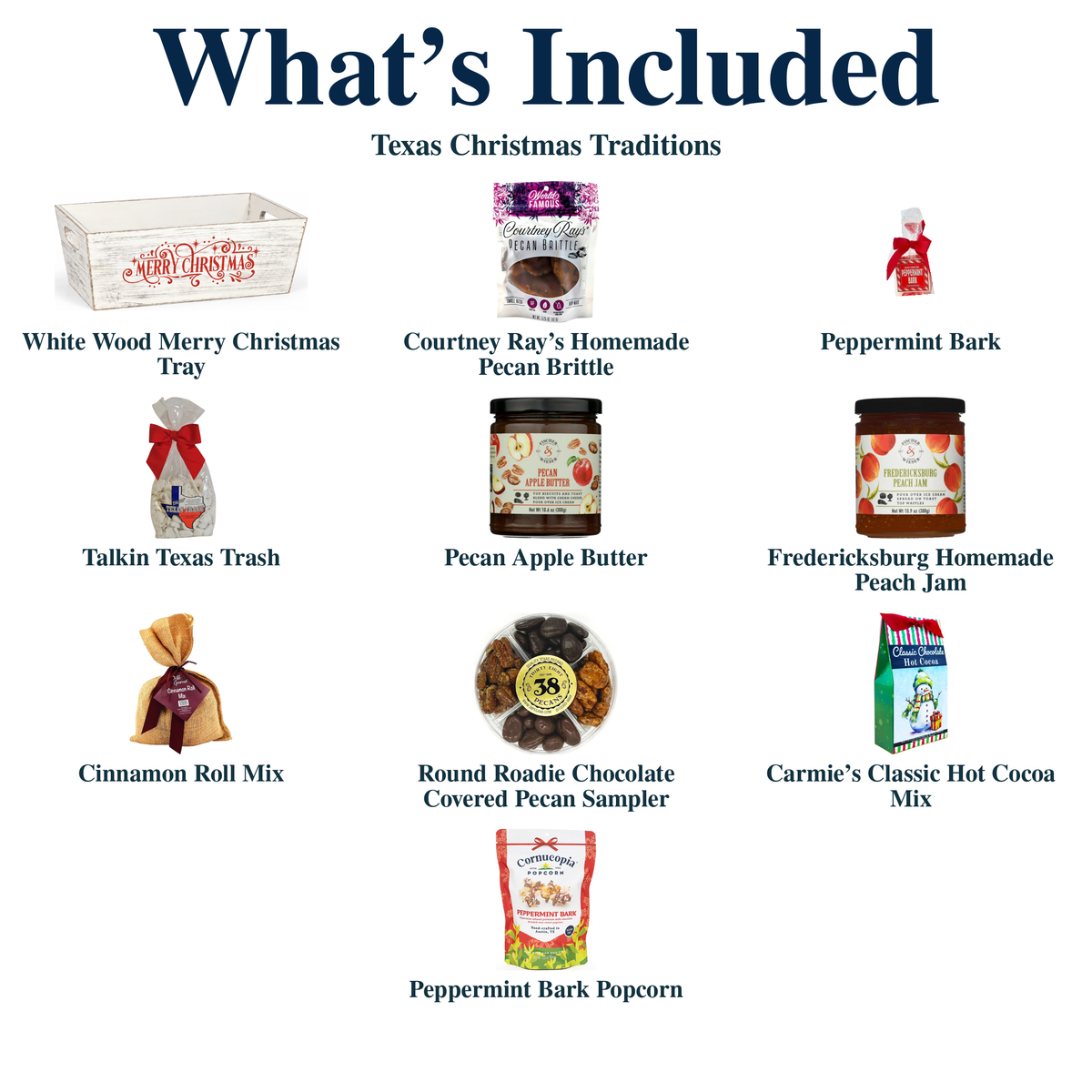 What's Included — Texas Christmas Traditions: tray and all nine food products
