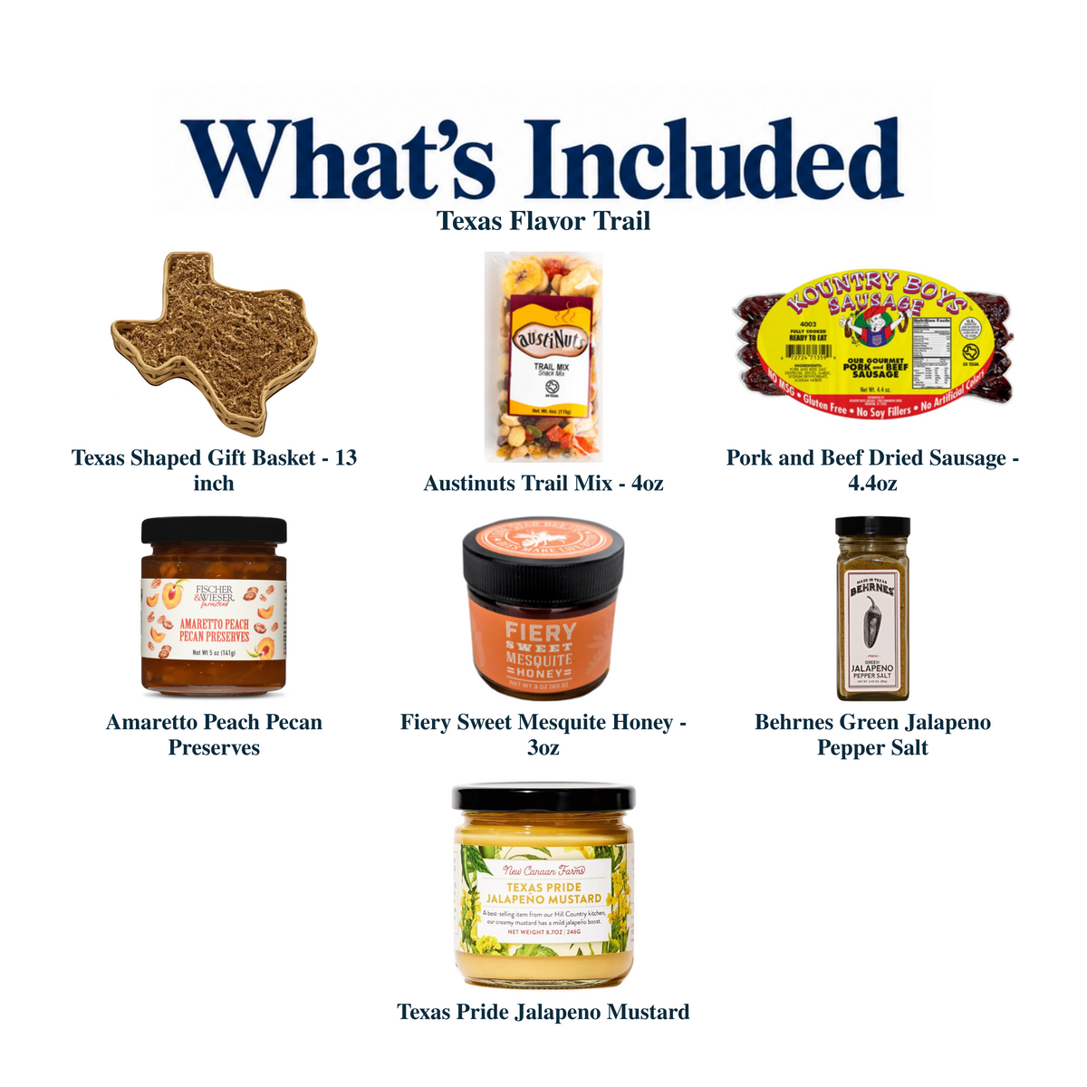 What's included in Texas Flavor Trail from The Texas Gift Company: each included item individually labeled.