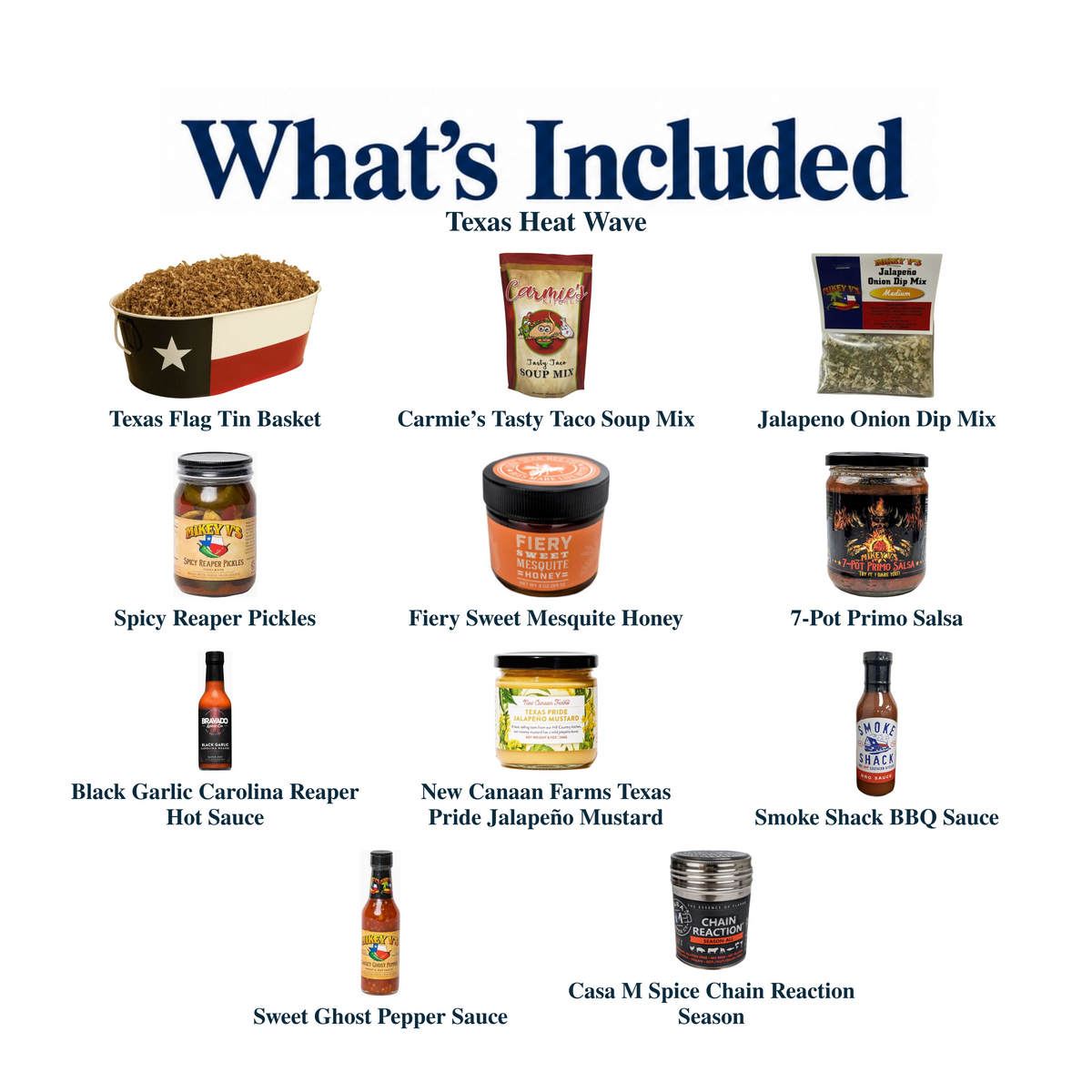 What's included in Texas Heat Wave from The Texas Gift Company: each included item individually labeled.