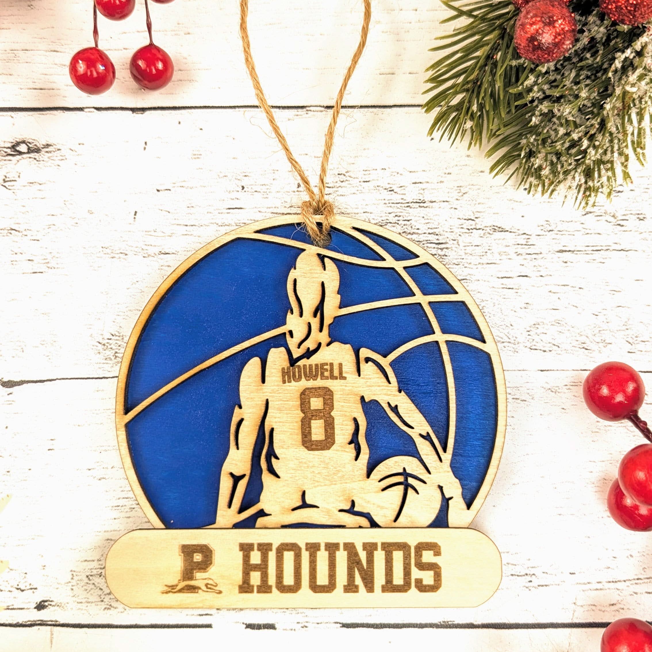 Front view of blue colour custom name and school detail on Texas high school athletics ornament from The Texas Gift Company