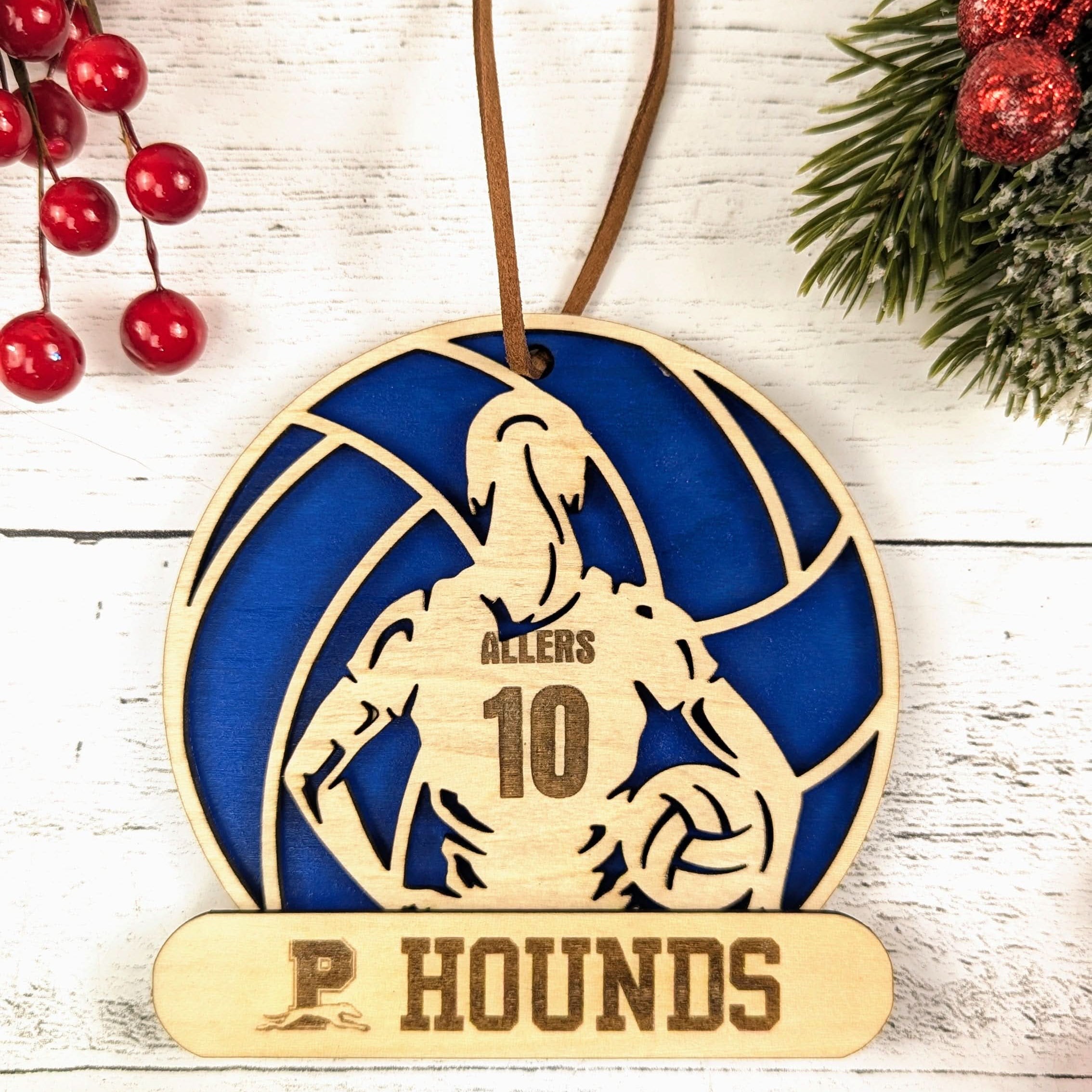 View of blue colour custom name and school detail on Texas high school athletics ornament from The Texas Gift Company