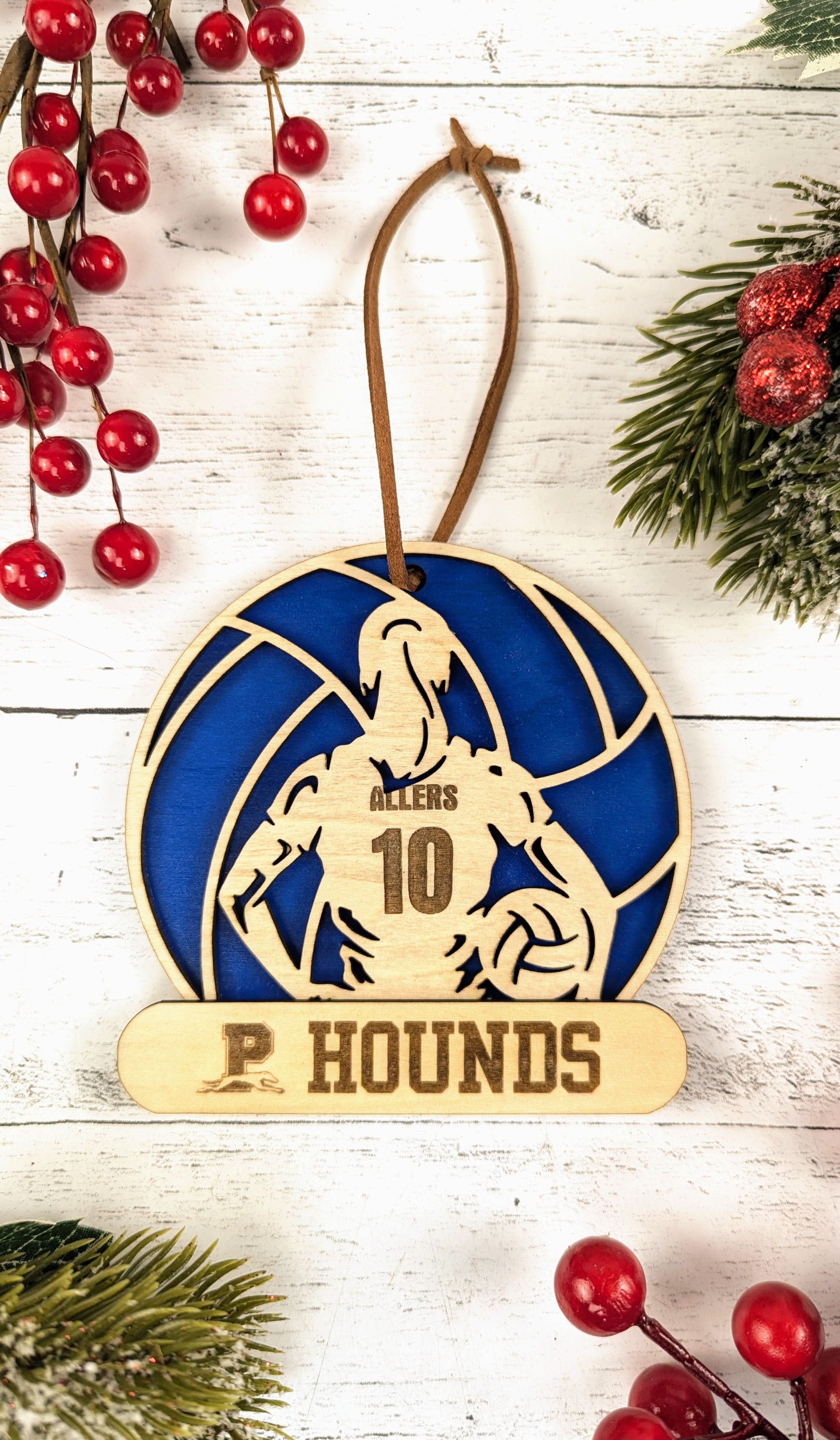 View of blue colour custom name and school detail on Texas high school athletics ornament from The Texas Gift Company