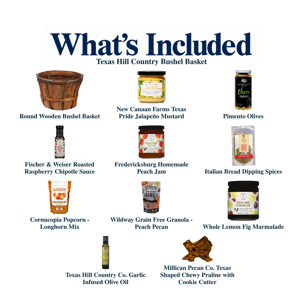 What's included in Texas Hill Country Bushel Basket from The Texas Gift Company: each included item individually labeled.