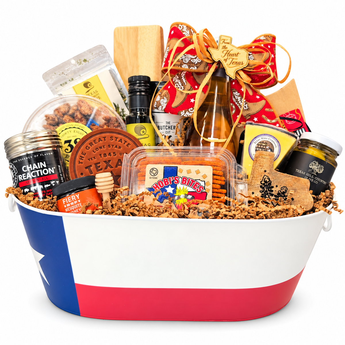 The Texas Hospitality Collection in a Texas flag tin on a white background