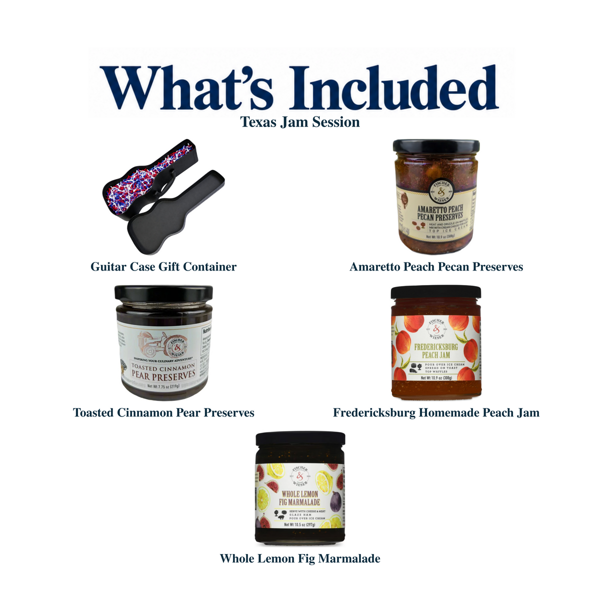 What's included in Texas Jam Session from The Texas Gift Company: each included item individually labeled.