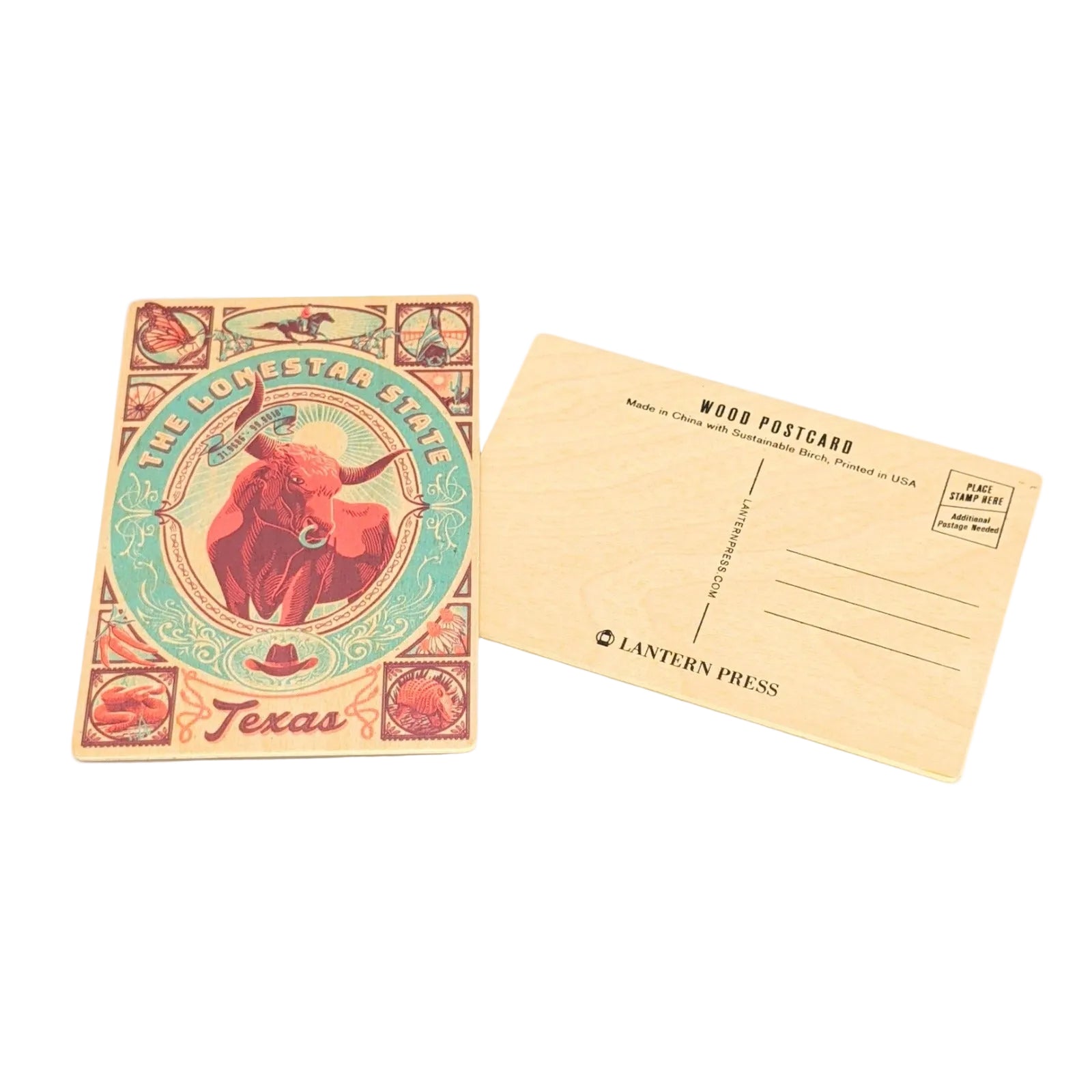 Front and back view of a Texas-themed wooden postcard featuring a vintage illustrated longhorn bull design labeled “The Lone Star State” on the front and a natural birch wood postcard layout with address lines on the back, displayed on a white background.