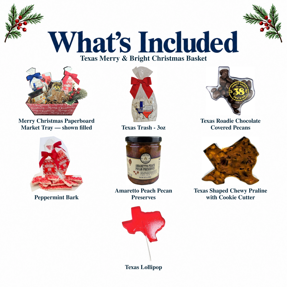 What's included in Texas Merry & Bright Christmas Basket from The Texas Gift Company: each included item individually labeled.