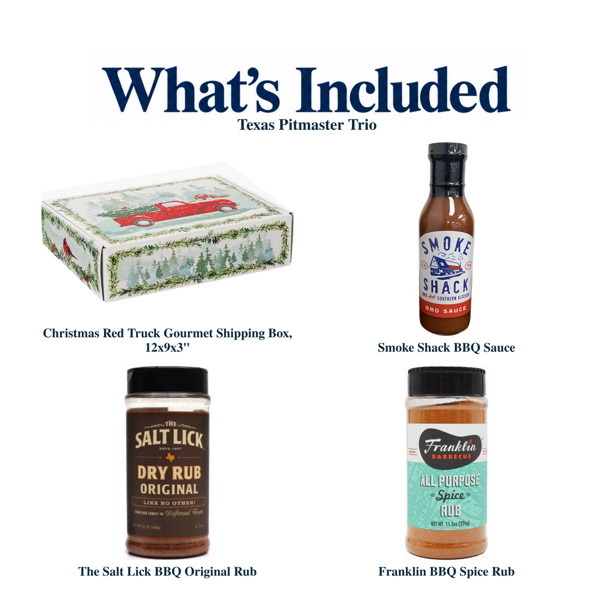 What's included in Texas Pitmaster Trio from The Texas Gift Company: each included item individually labeled.