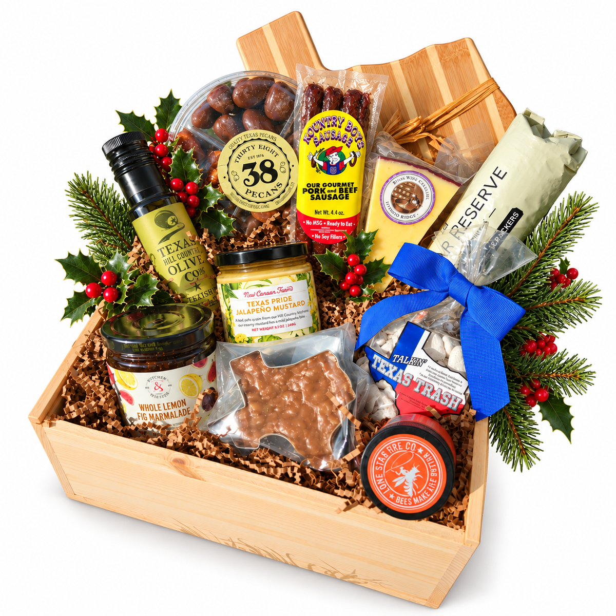 The Texas Rancher's Christmas Banquet Box with holly accents on a pure white background