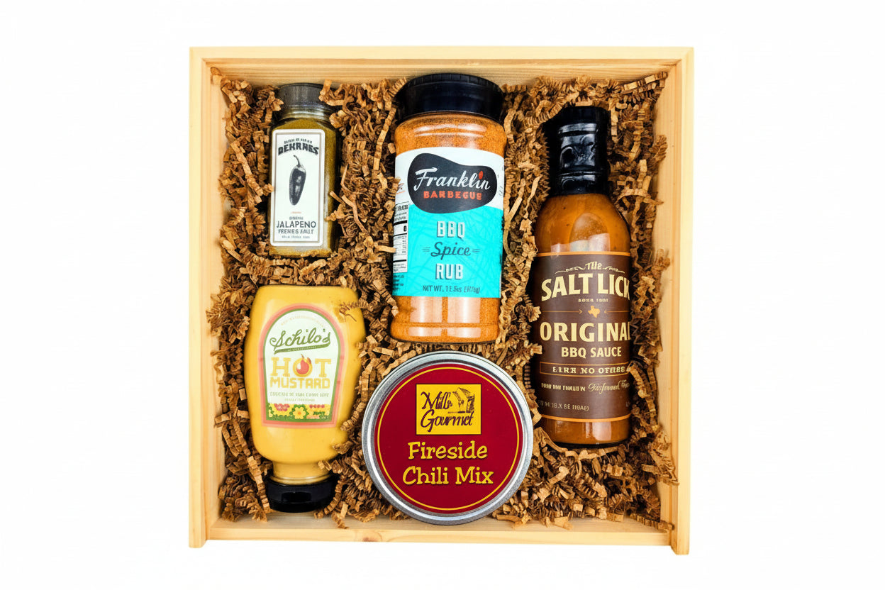 Curated Texas BBQ box presented with sauces and seasonings for gifting