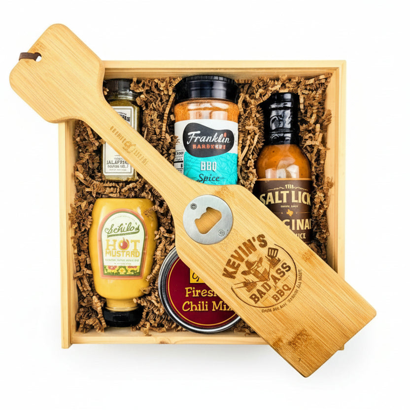 Texas Smoke & Spice BBQ gift box with smoky sauces and spicy rubs arranged for grilling