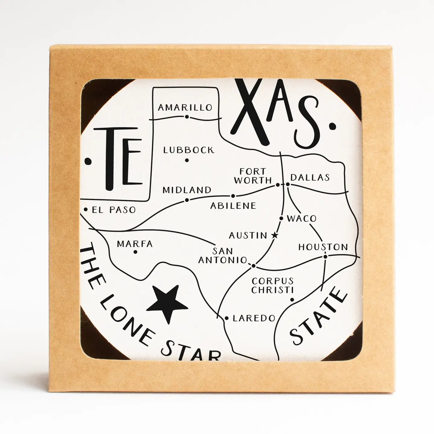 Texas state map design coaster set displayed as a Texas-themed home gift from a Texas gift shop storefront