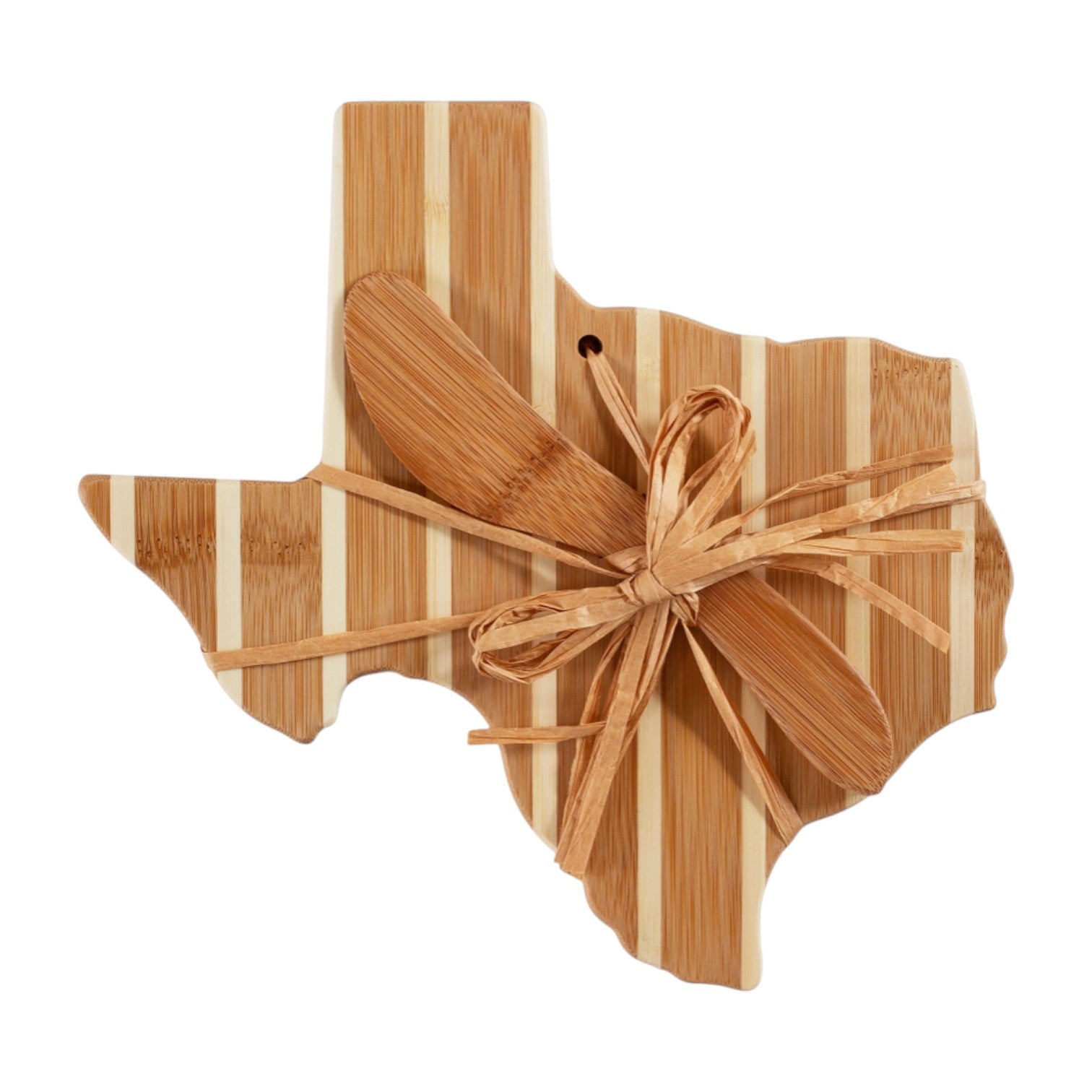 Texas state shaped charcuterie board with cheese spreader displayed as a Texas-themed entertaining gift from The Texas Gift Company storefront