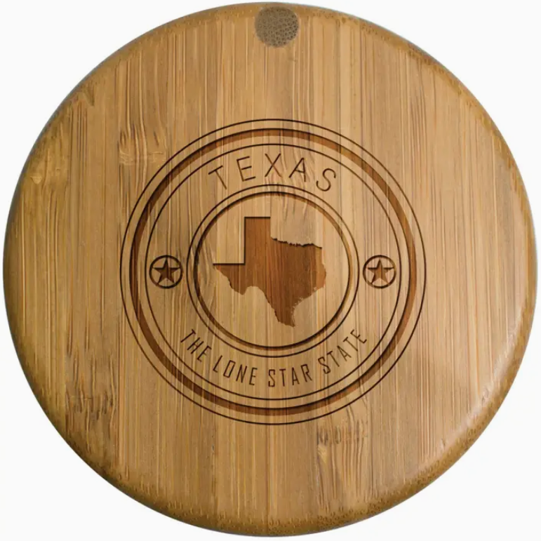 Texas state stamp salt box displayed as a rustic Texas kitchen accessory gift from The Texas Gift Company storefront