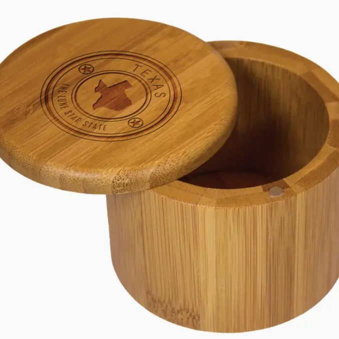 Texas state stamp salt box displayed as a rustic Texas kitchen accessory gift from The Texas Gift Company storefront