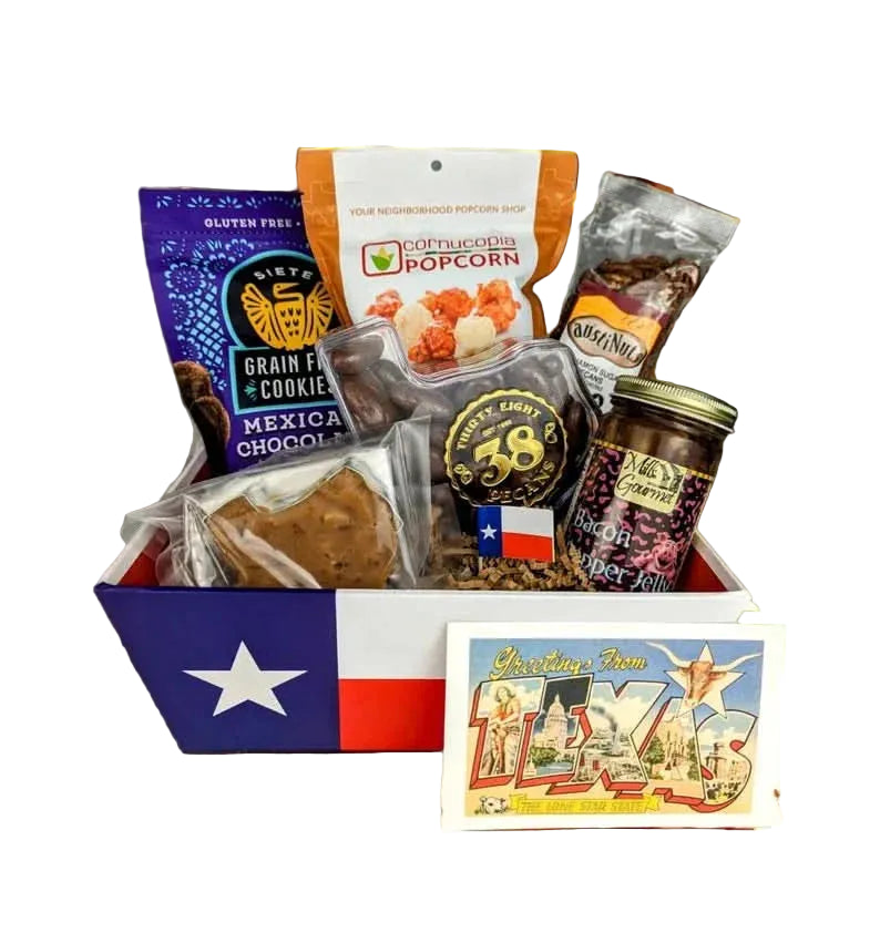 Texas Sweet Tooth Basket filled with chocolate pecans, cookies, popcorn, and Texas-shaped praline