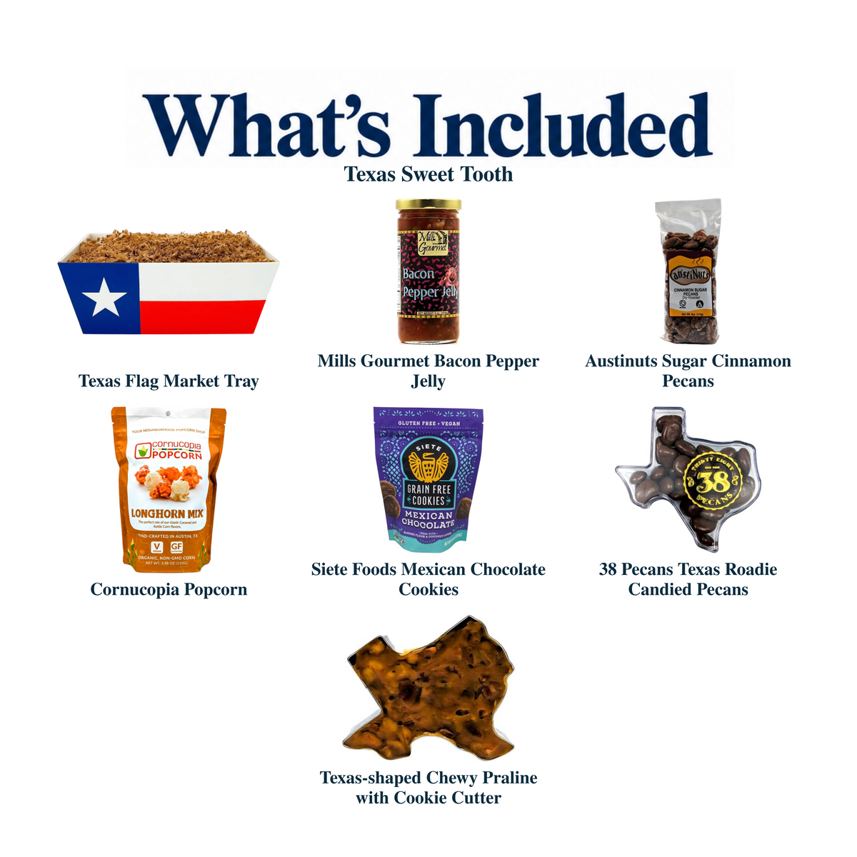 What's included in Texas Sweet Tooth from The Texas Gift Company: each included item individually labeled.