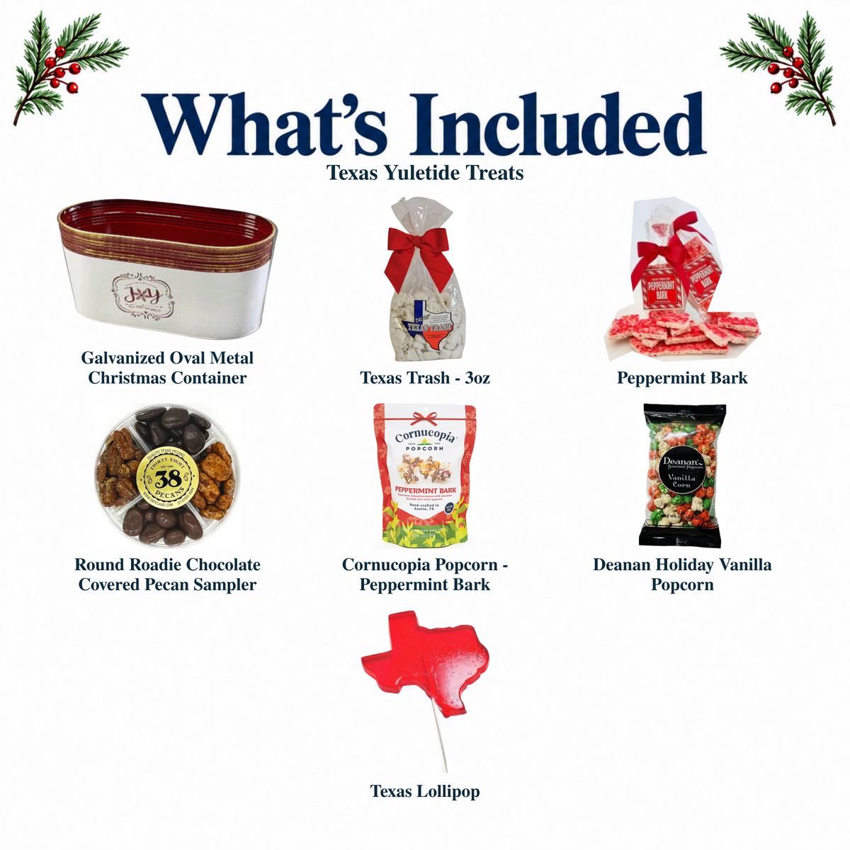 What's included in Texas Yuletide Treats from The Texas Gift Company: each included item individually labeled.
