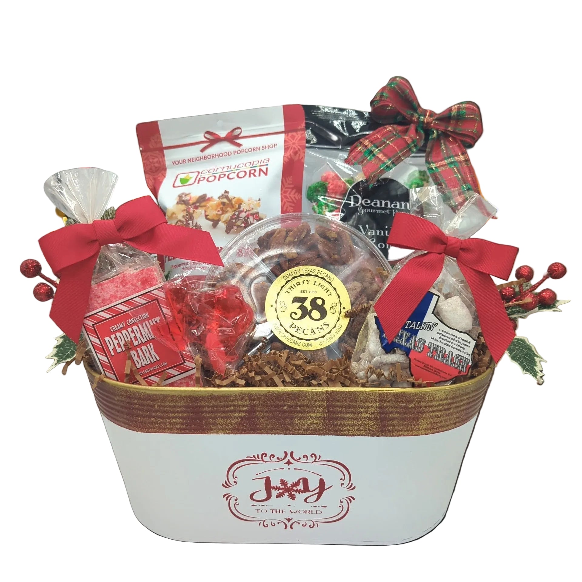 Texas Yuletide Treats gift set with festive snacks and sweets arranged for holiday gifting