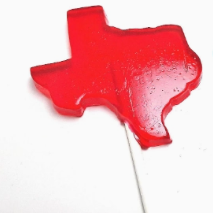 a texas-shaped tutti-frutti flavored lollipop