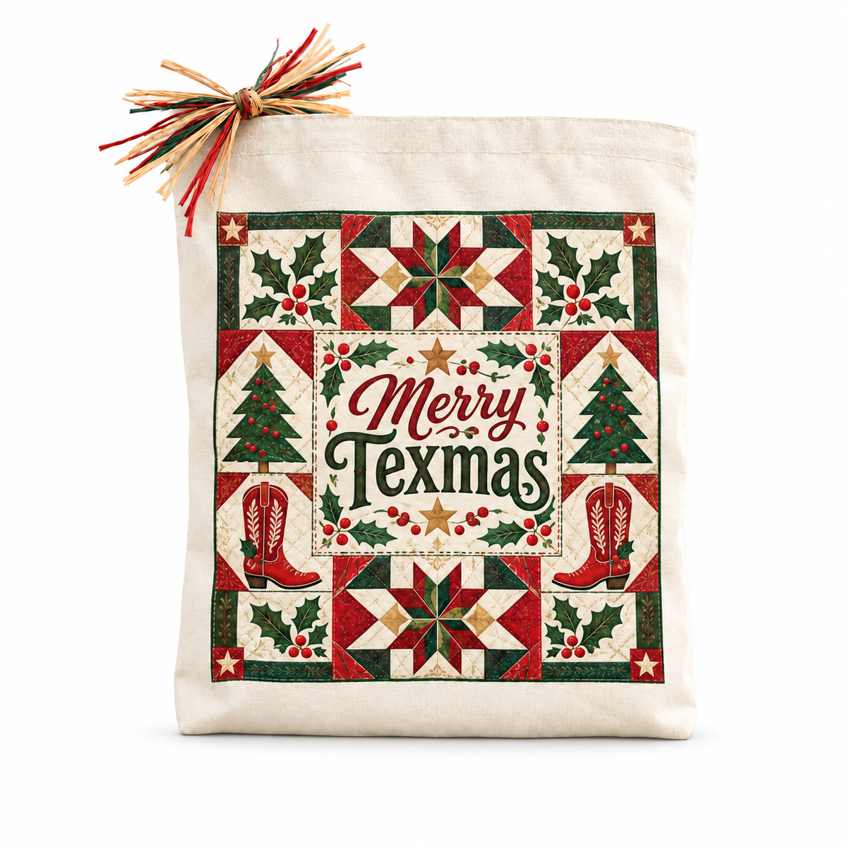 Merry Texmas Christmas Quilt Gift Tote on a white background