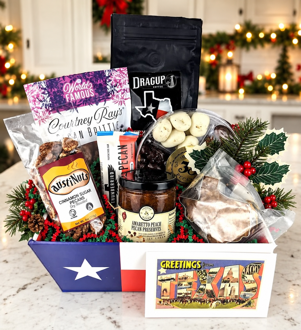 Pecan Passion Christmas in festive setting, original approved photo