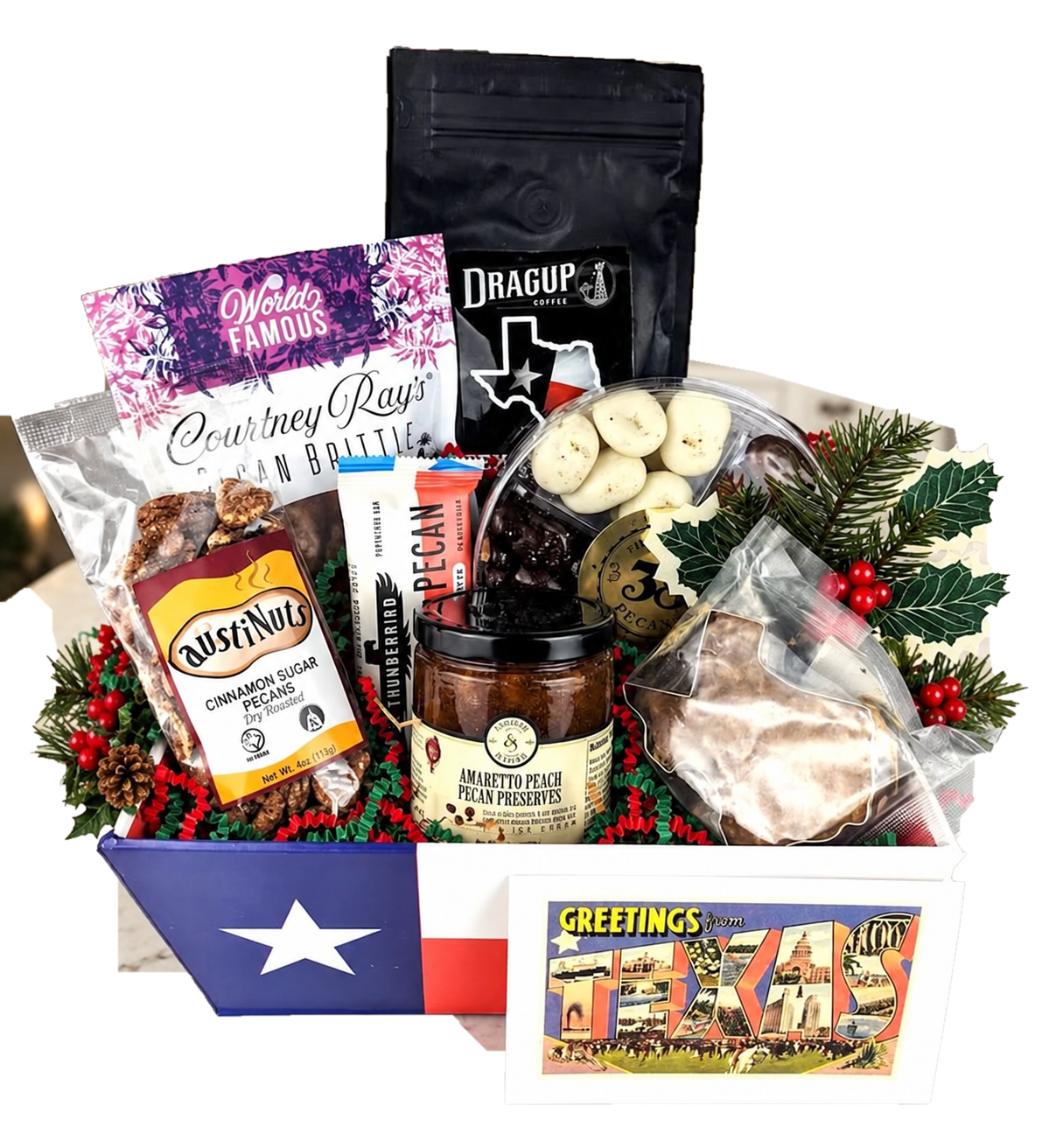 Pecan Passion Christmas gift with Christmas greenery against white background