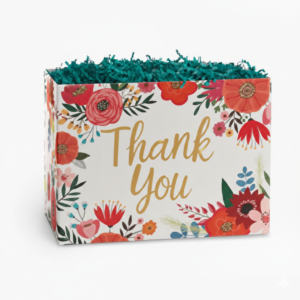 Floral thank you gift box with colorful flowers and teal shredded paper filler