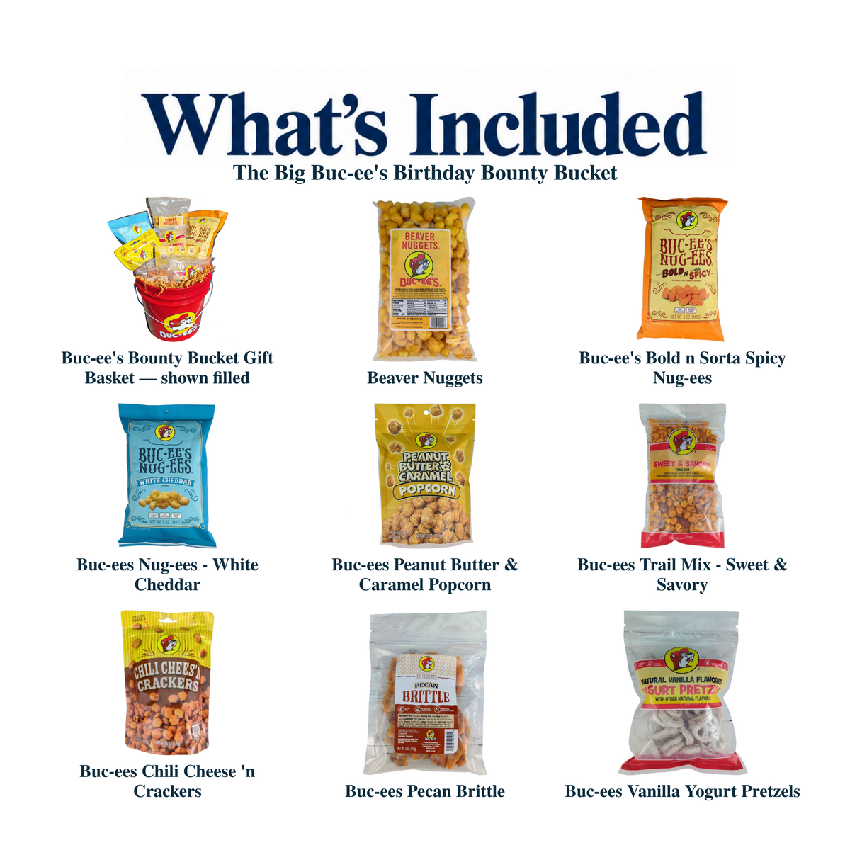 What's included in The Big Buc-ee's Birthday Bounty Bucket from The Texas Gift Company: each included item individually labeled.