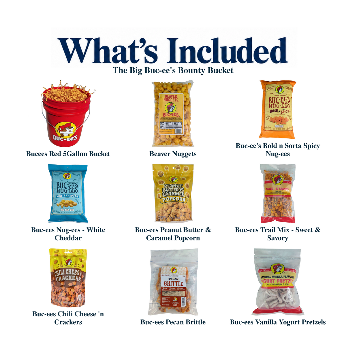 What's included in The Big Buc-ee's Bounty Bucket from The Texas Gift Company: each included item individually labeled.