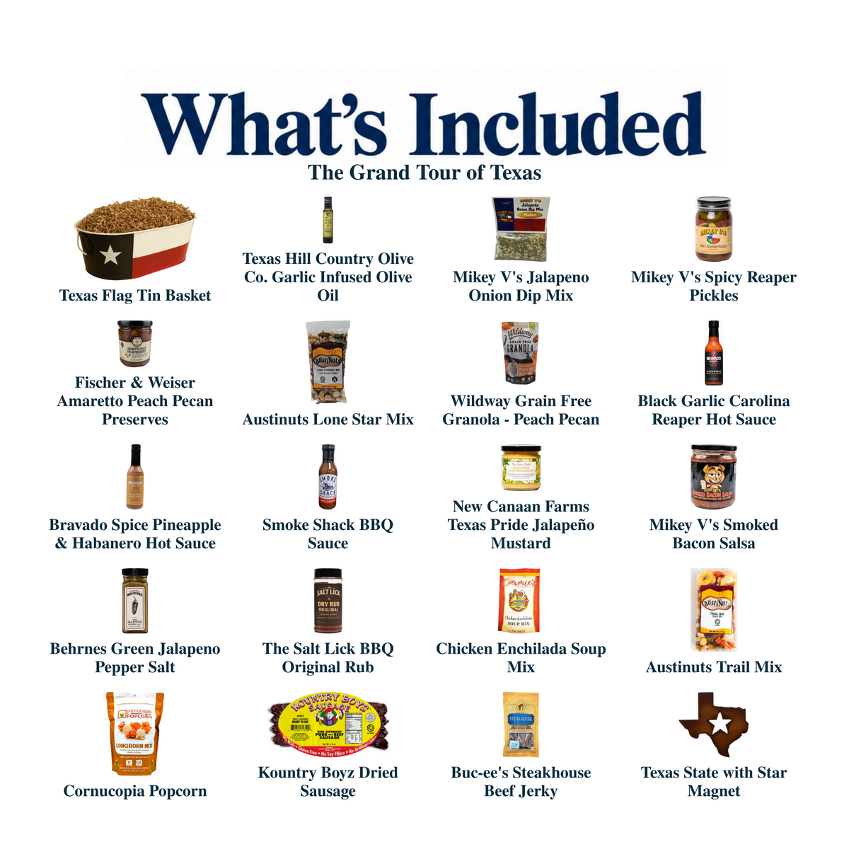 What's included in The Grand Tour of Texas from The Texas Gift Company: each included item individually labeled.