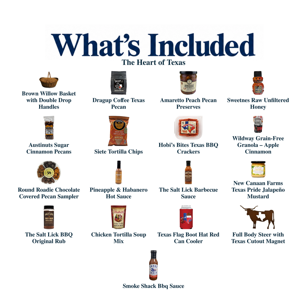 What's included in The Heart of Texas from The Texas Gift Company: each included item individually labeled.