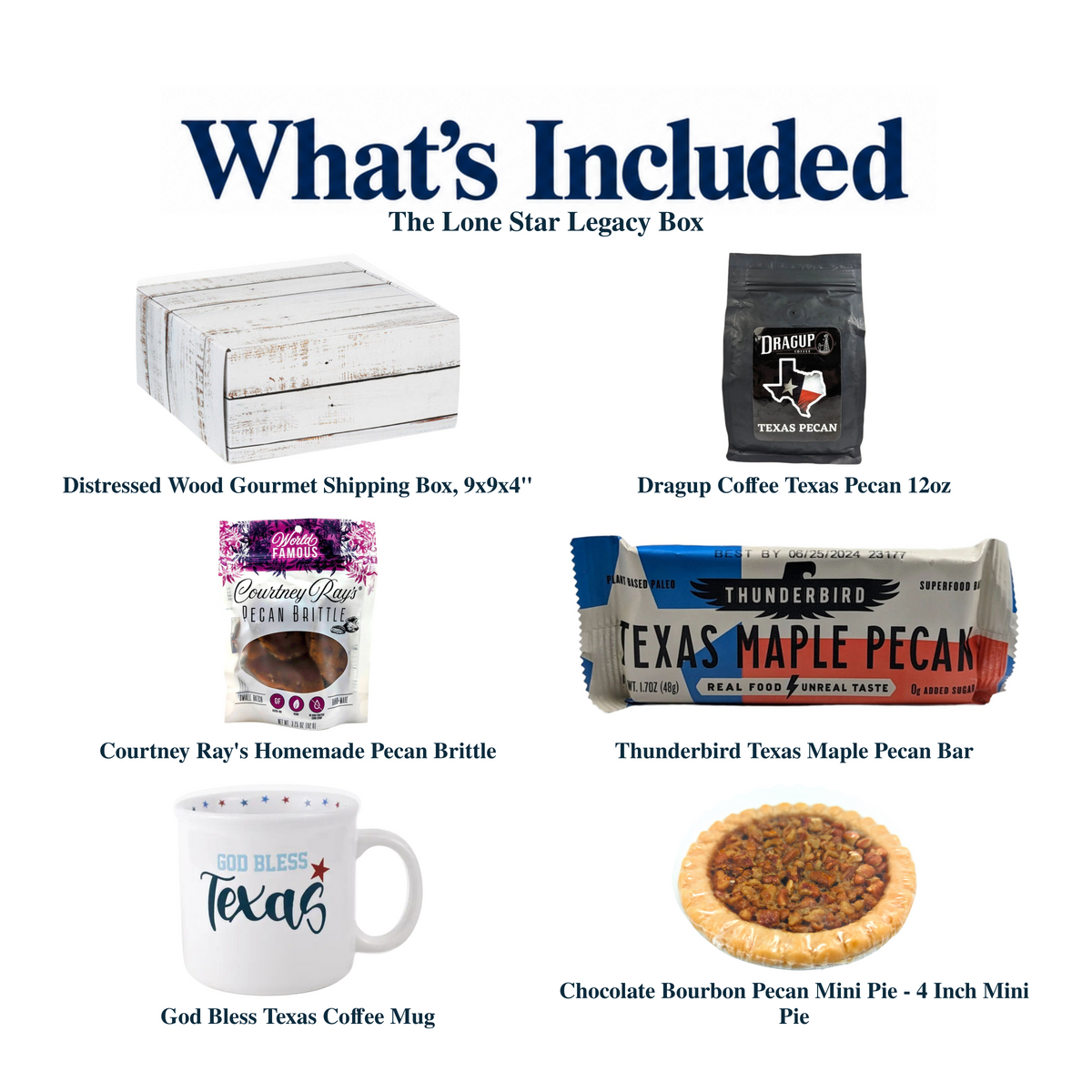 What's included in The Lone Star Legacy Box from The Texas Gift Company: each included item individually labeled.