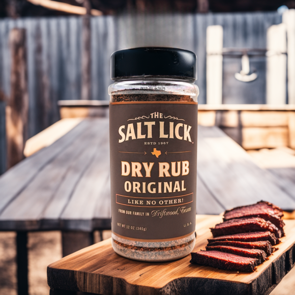 The Salt Lick BBQ original rub jar displayed as a classic Texas barbecue cooking gift from The Texas Gift Company storefront