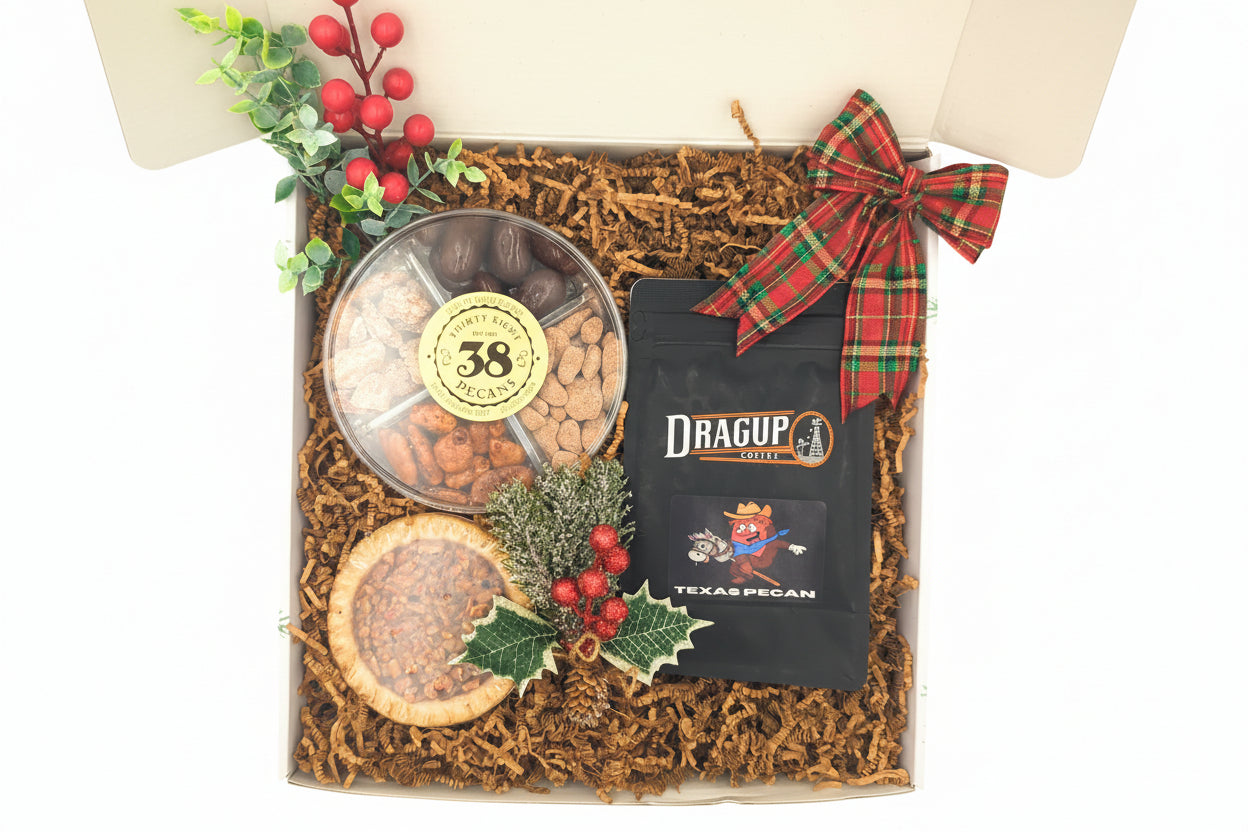 Texas pecan trio gift box featuring three pecan treats arranged for gifting