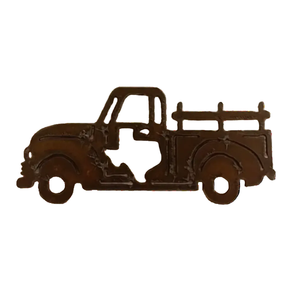 Vintage pickup truck magnet with Texas Lone Star cutout displayed as a rustic Texas-themed keepsake from The Texas Gift Company storefront
