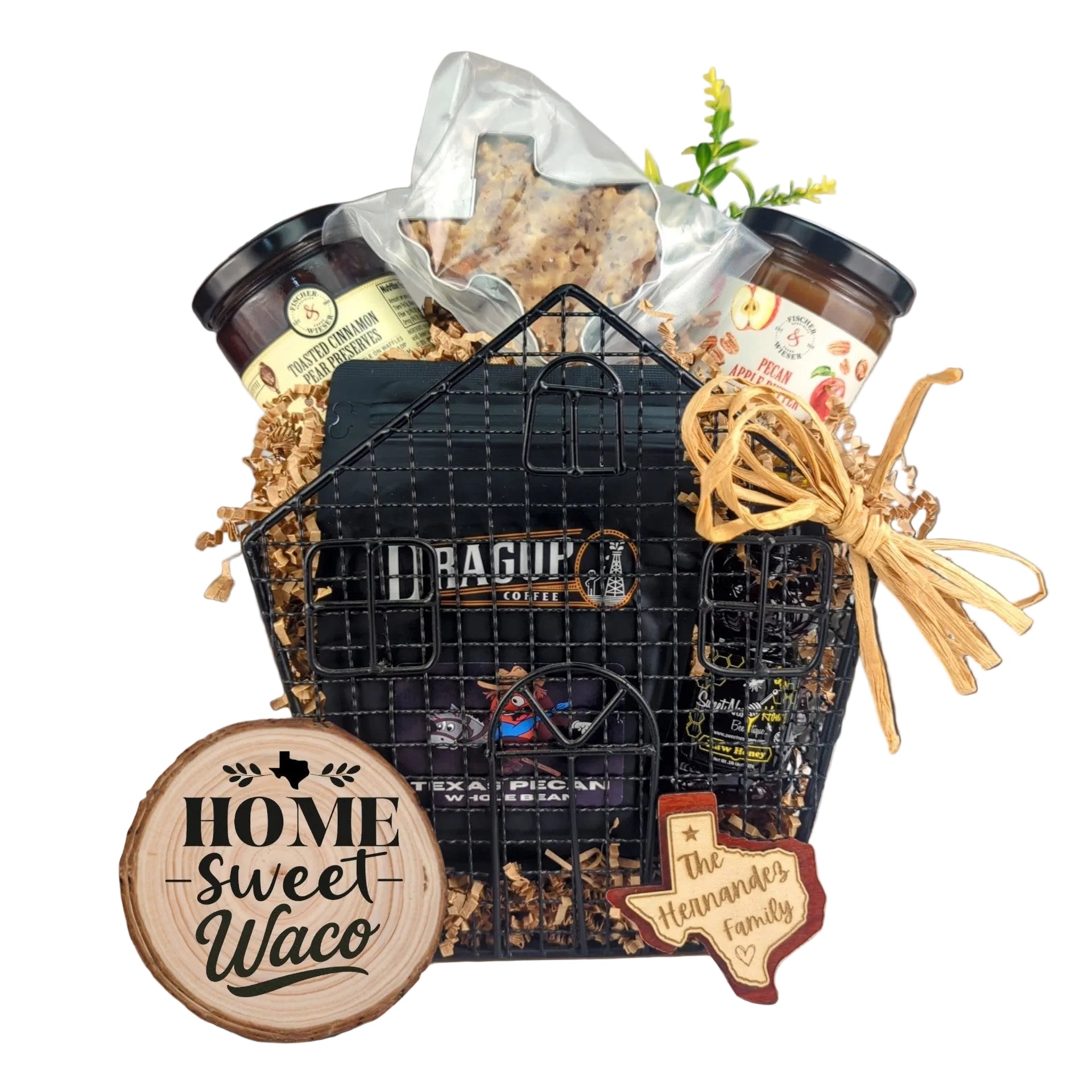 Waco River Home Basket gift set featuring cozy Texas-inspired items arranged for gifting