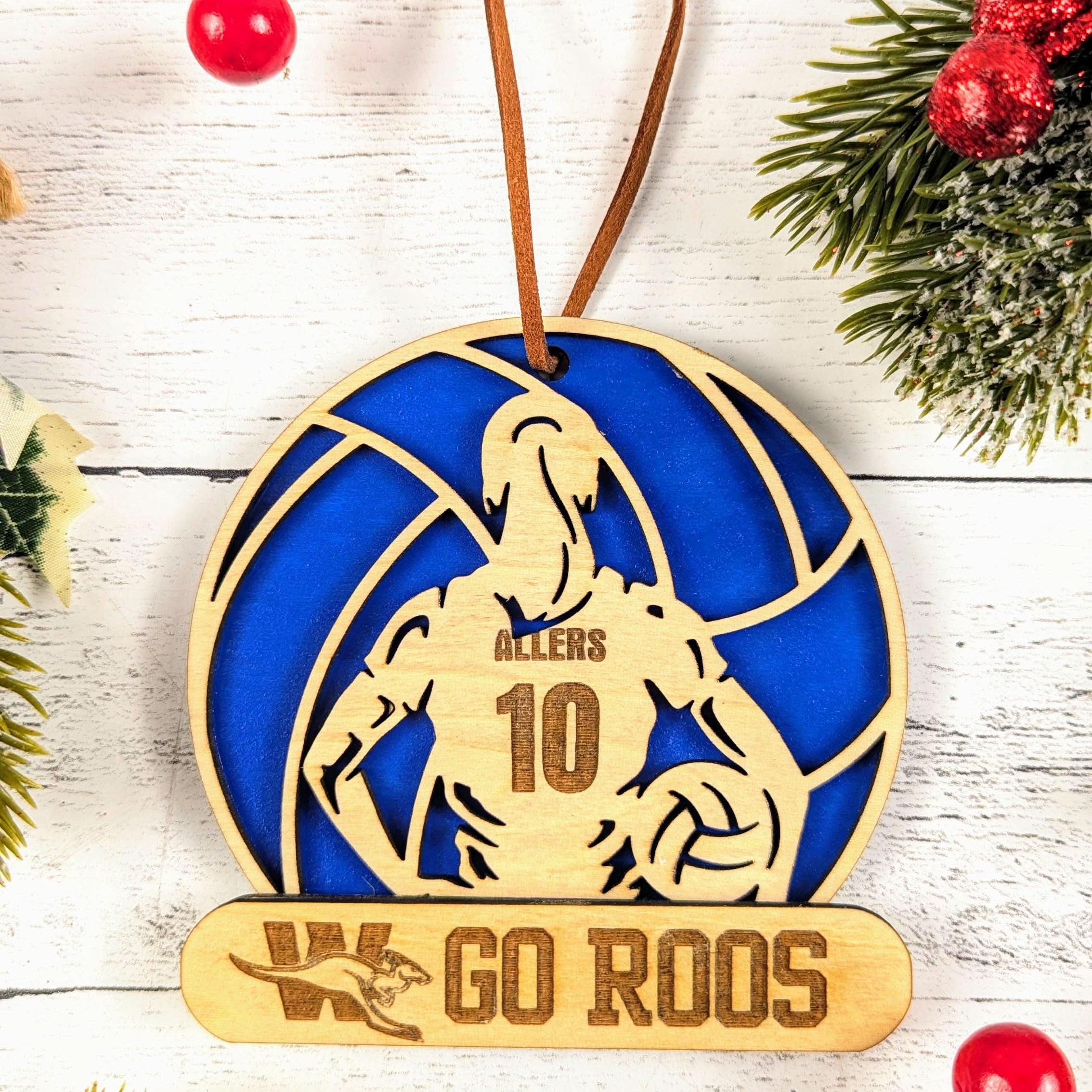 Front view of custom name and school detail on Weatherford ISD athletics ornament from The Texas Gift Company