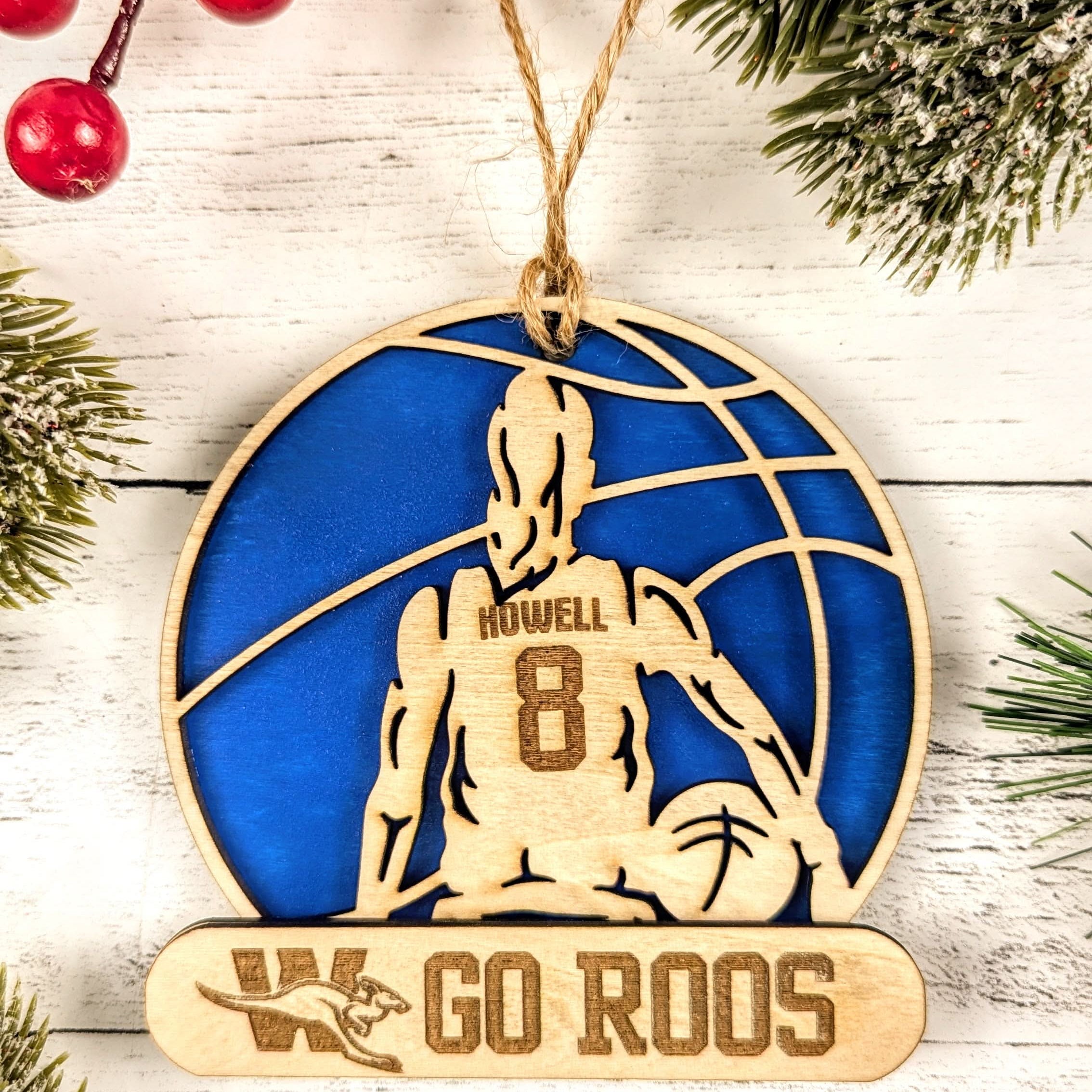 View of custom name and school detail on blue colour Weatherford ISD athletics ornament from The Texas Gift Company