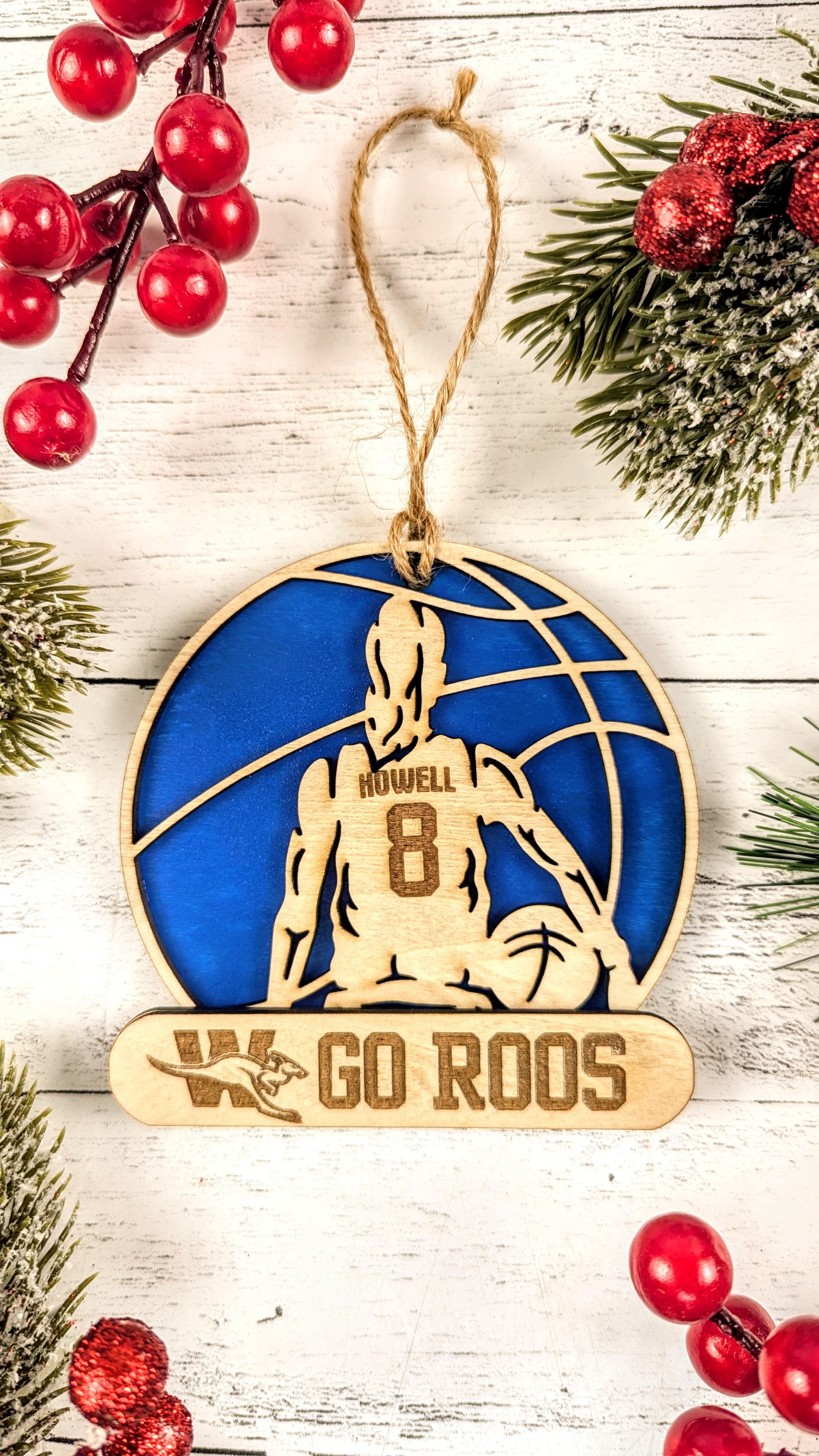 View of custom name and school detail on blue colour Weatherford ISD athletics ornament from The Texas Gift Company