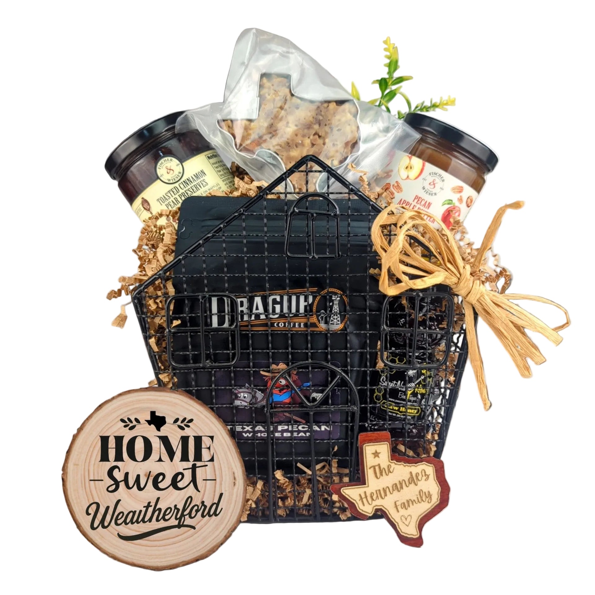 Weatherford Welcome Home gift basket arranged with comforting Texas-inspired items