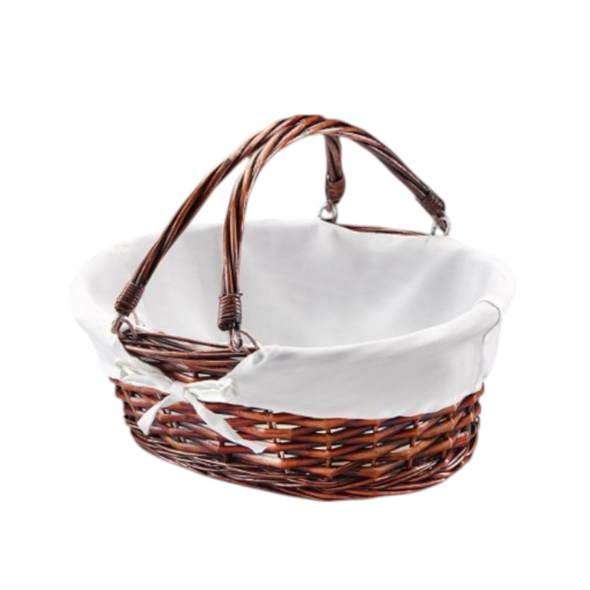 Willow basket with fabric lining and double drop-down handles used for elegant gift presentation
